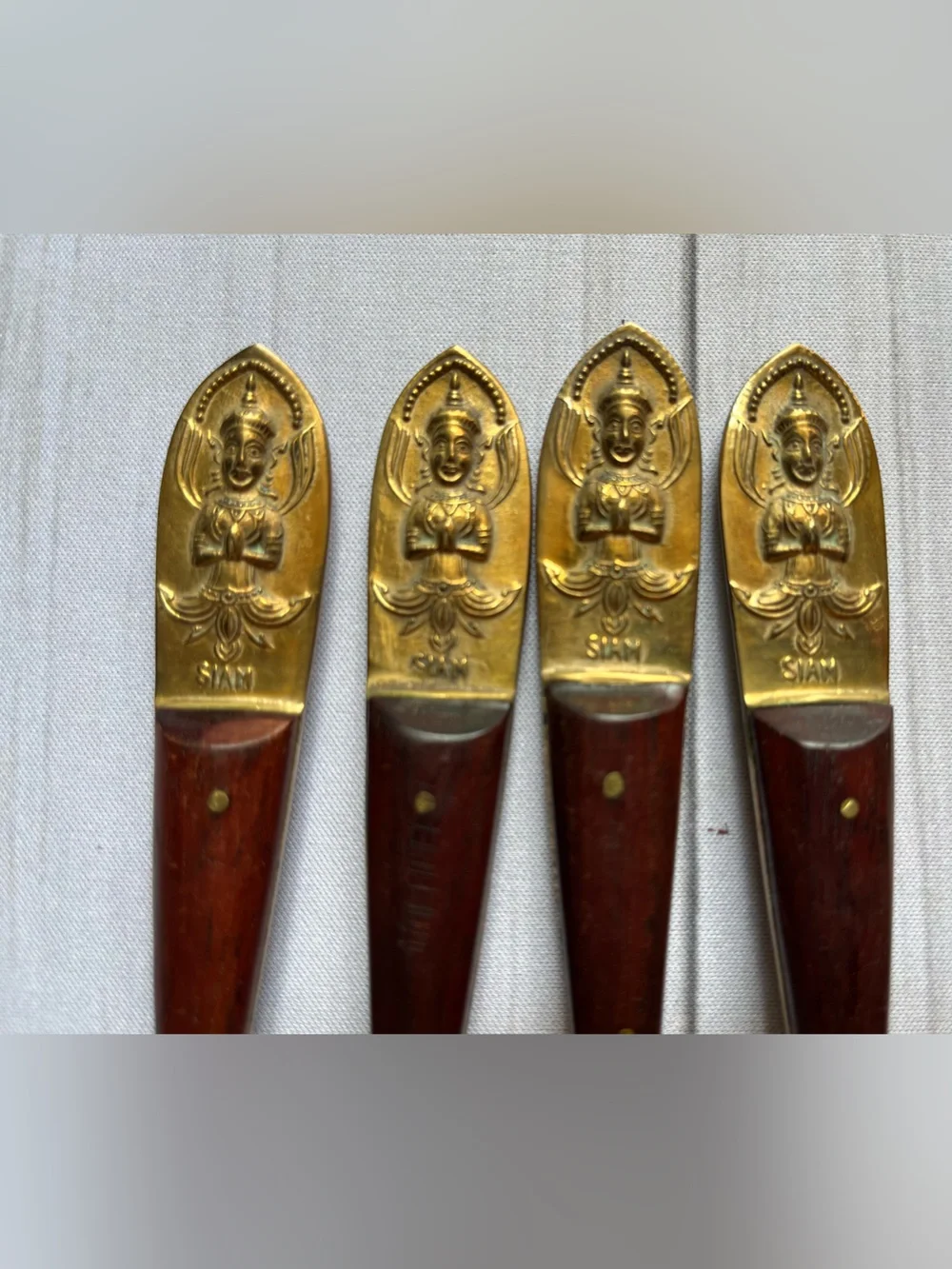 Vintage Siamese/Thai brass & rosewood cocktail appetizer salad dessert fork. 4pc